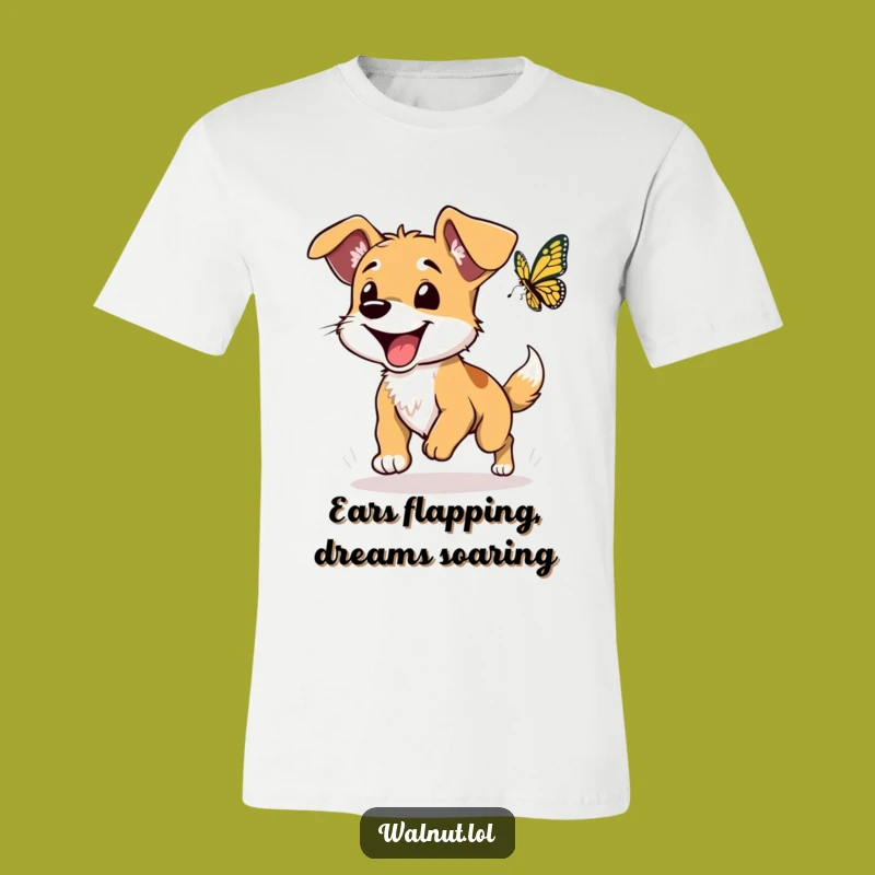 Funny Wild Dog Chasing Butterfly T-Shirt: Comical Floppy Ears Tee for Grins