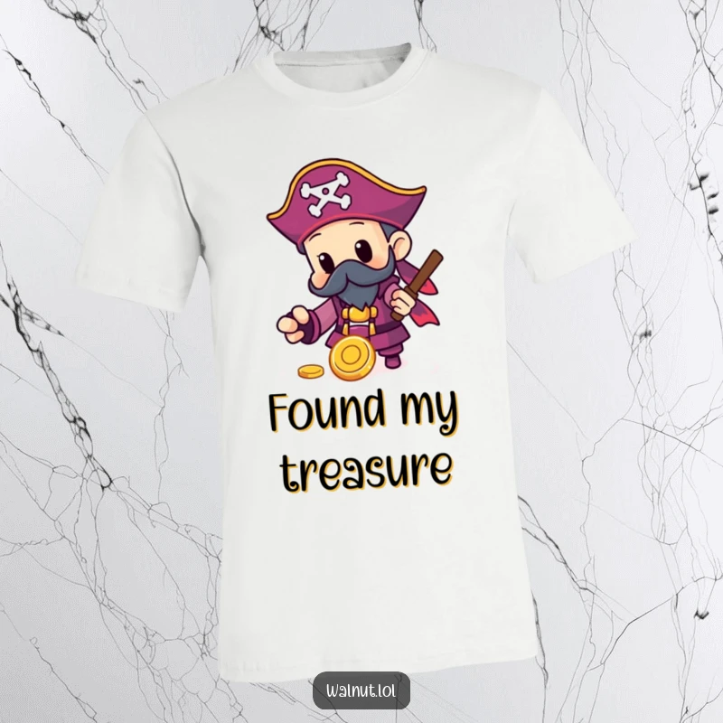 Funny Pirate T-Shirt of a character excitedly finding a shiny gold coin, symbolizing treasure hunting and good fortune.