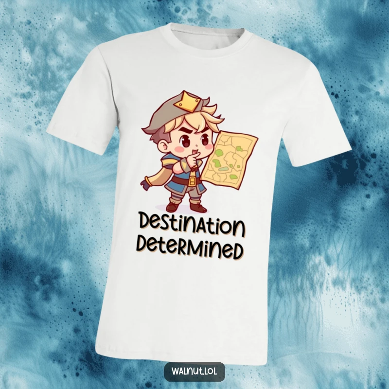 Funny t-shirt depicting a resolute character pointing confidently at a map, embodying determination and the spirit of exploration.