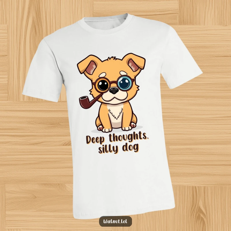 Funny t-shirt with a dapper dog in a monocle and smoking pipe, contemplating profound thoughts with a serious expression.