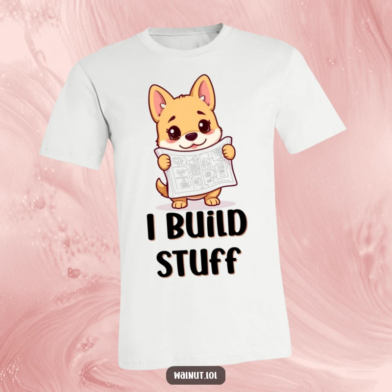 Funny blueprint dog t-shirt showing a smart dog with a detailed blueprint, inspiring creativity and laughter.