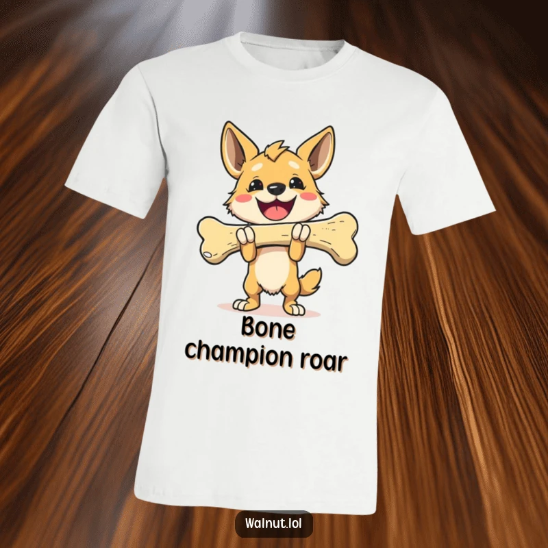 Funny T-Shirt with a wild dog carrying a giant bone triumphantly, embodying success and ultimate doggy satisfaction.