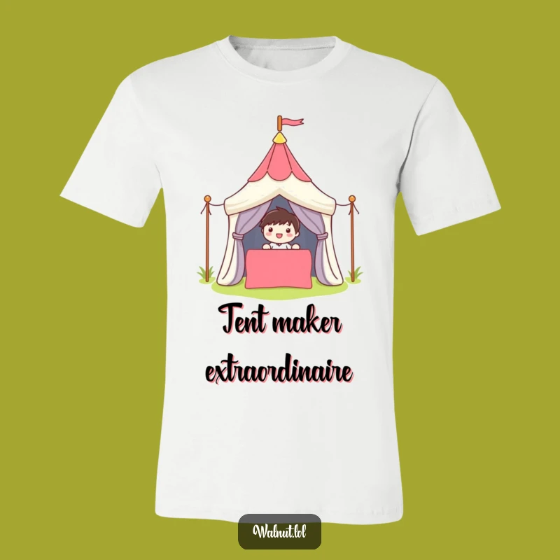 Funny Camper T-Shirt: Cute Character's Tent Setup Tee