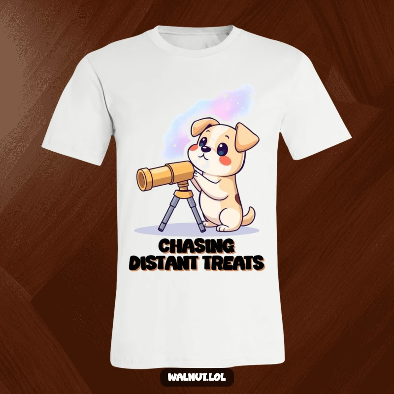Funny t-shirt featuring an adventurous dog observing a breathtaking galaxy through a telescope, perfect for space and dog enthusiasts.
