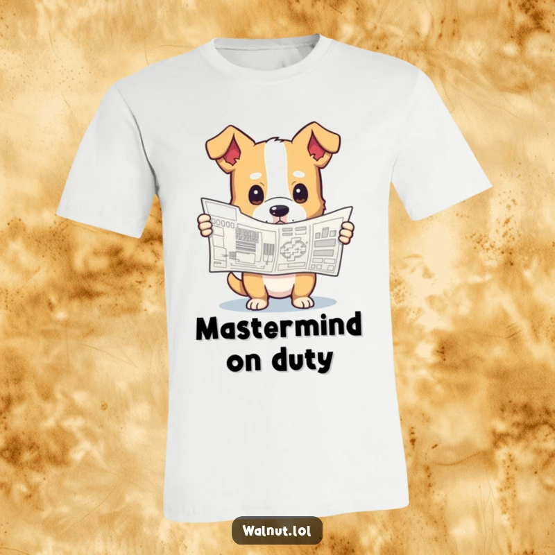 Funny t-shirt featuring a dog holding a complex blueprint with a curious, inquisitive look, imagining architectural or engineering endeavors.