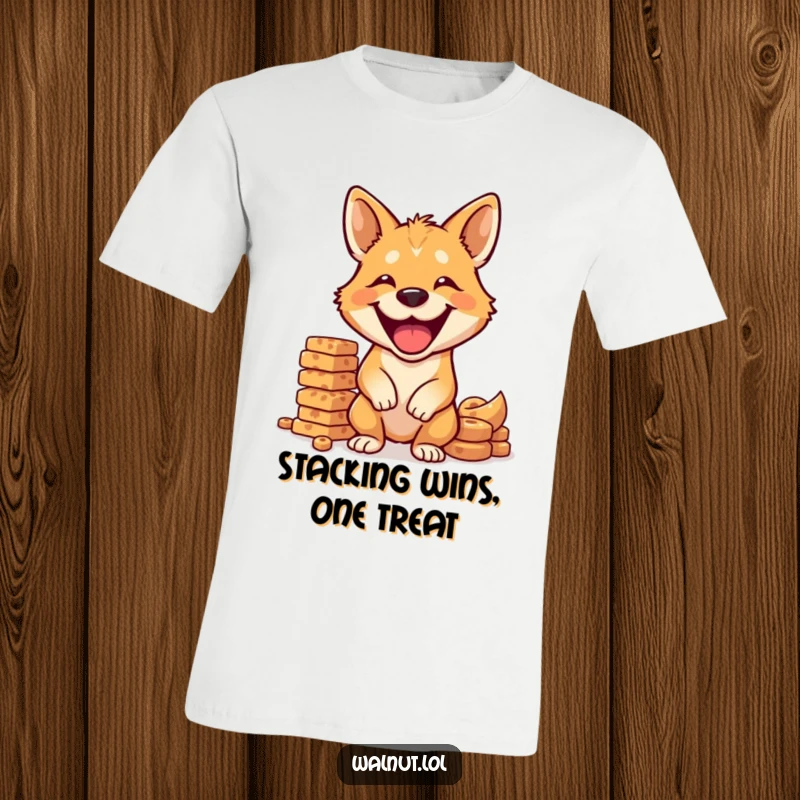 Funny dog t-shirt depicting a wild dog with a huge grin balancing a precarious stack of dog treats.