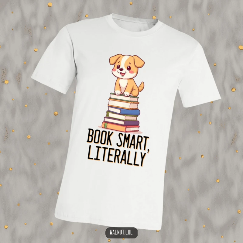 Funny dog t-shirt showing a dog precariously balancing on a tilted stack of books, great humor.