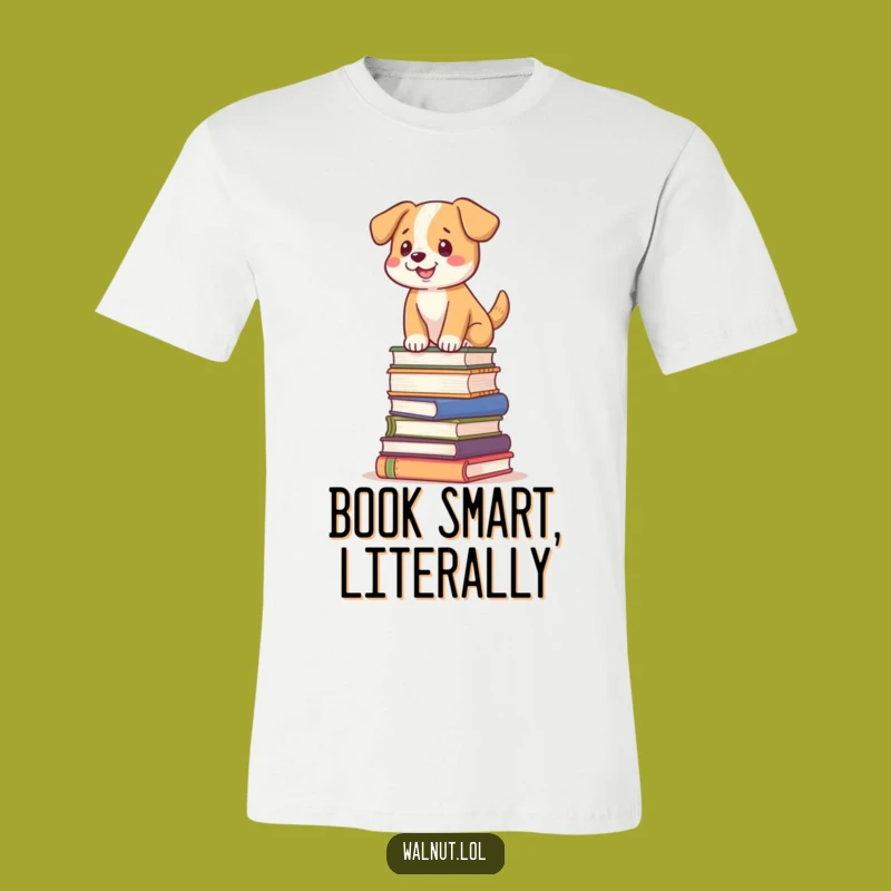 Funny Dog Book Balance T-Shirt: Whimsical Pooch on Literary Tower Tee