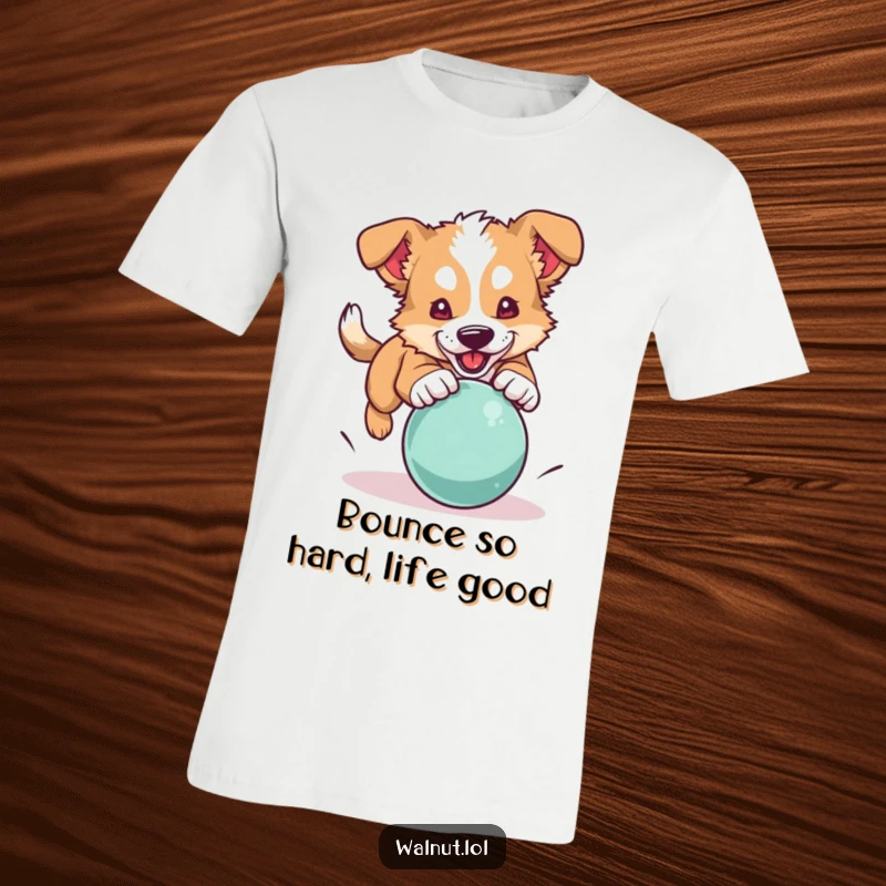 Funny dog t-shirt depicting a wild dog mid-pounce towards a brightly colored bouncing ball, full of energy.