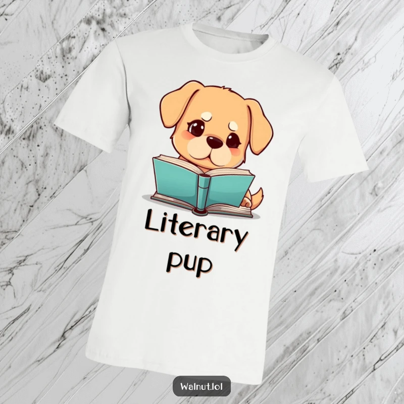 Funny dog t-shirt showing a dog with a furrowed brow gazing at a book, intelligent and humorous, great funny gift.