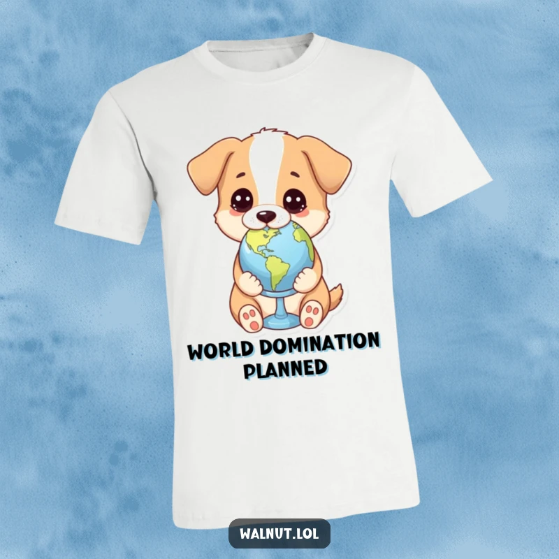 Funny t-shirt with a dog holding a small globe, looking thoughtfully at it, symbolizing global contemplation.