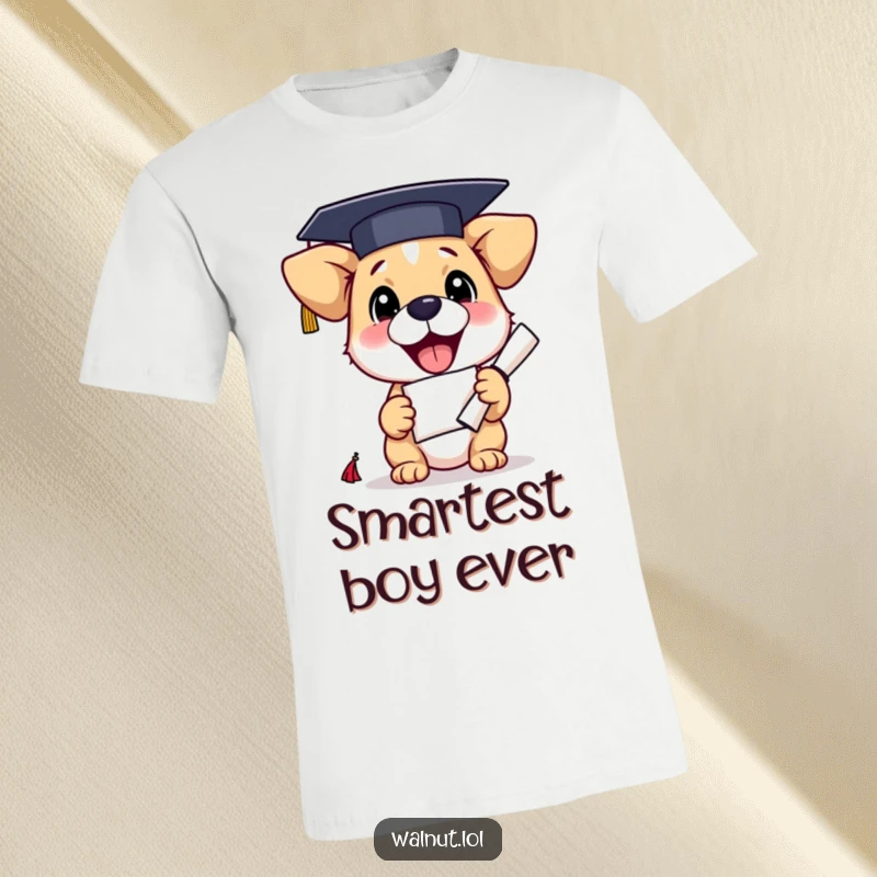 Funny graduation dog t-shirt with an excited dog wearing a cap and holding a diploma, symbolizing achievement and pride.