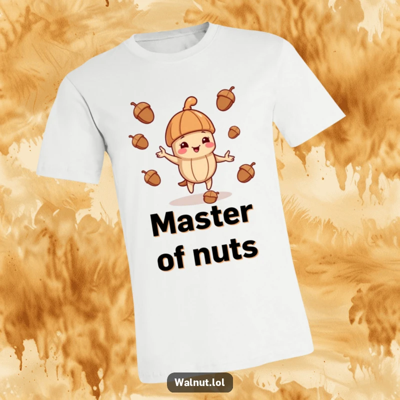 Funny t-shirt featuring a walnut in a jaunty cap playfully juggling acorns, highlighting skill and fun.