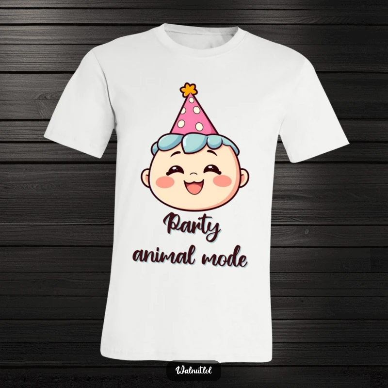 Funny t-shirt depicting a character wearing a party hat with a silly grin, ready to celebrate any occasion.