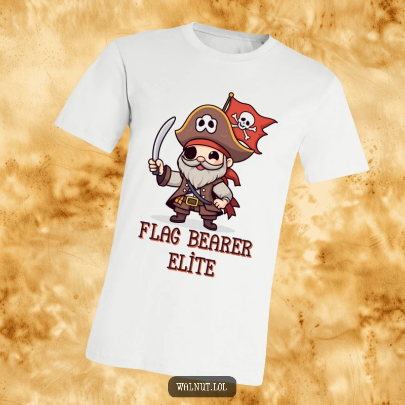 Funny Pirate T-Shirt featuring a character happily waving a Jolly Roger flag, perfect for sea lovers and adventure seekers.