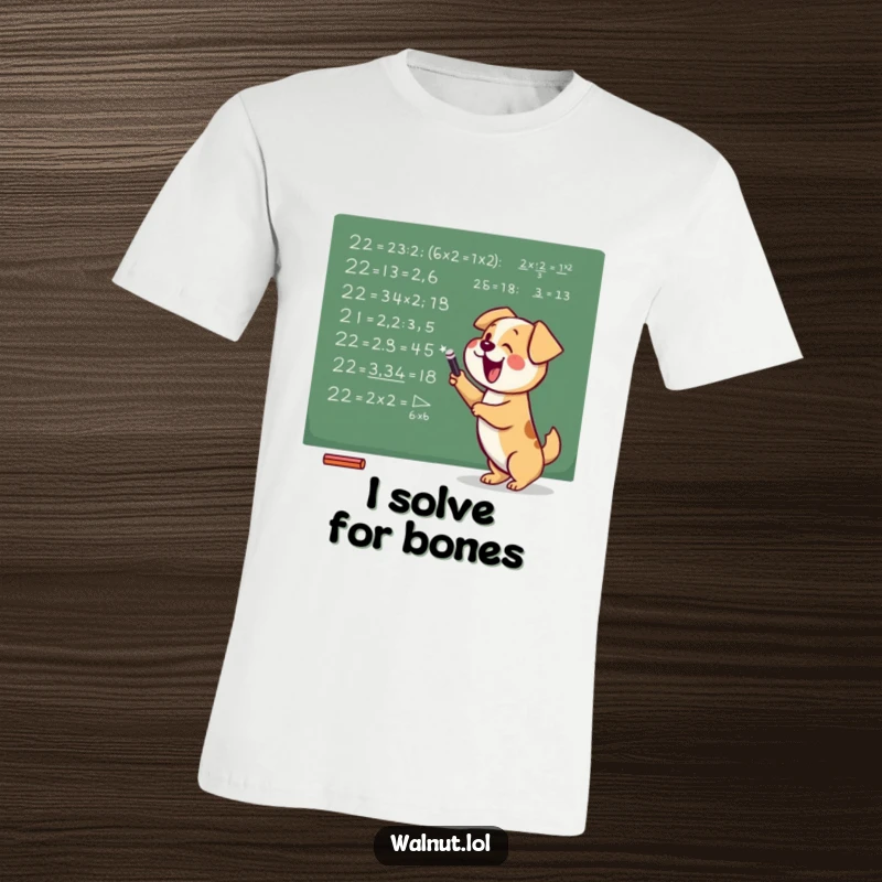 Funny t-shirt featuring a genius dog enthusiastically writing mathematical equations on a chalkboard, a whimsical display of academic humor.