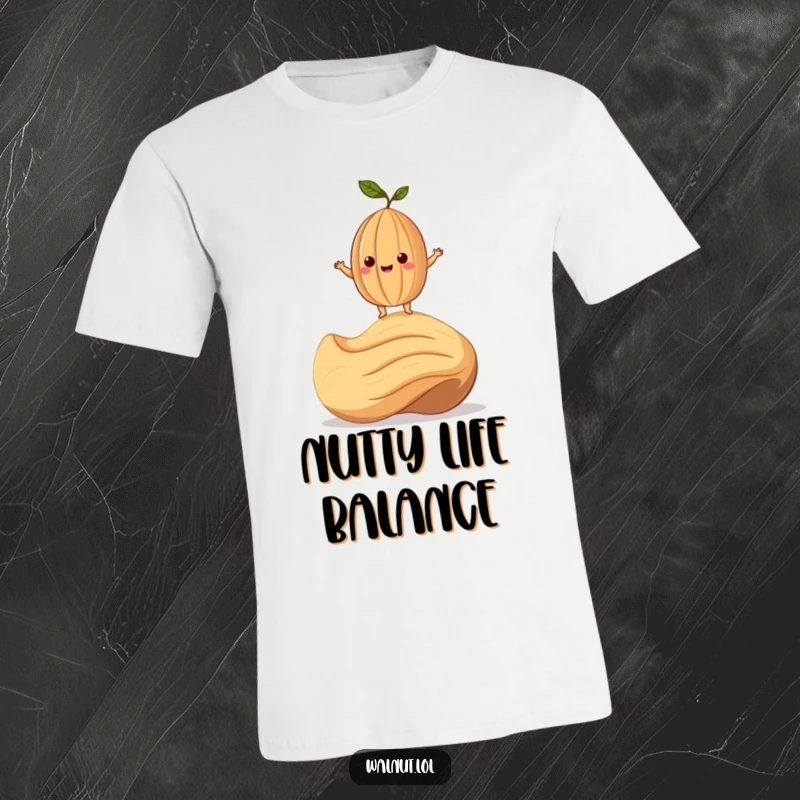 Funny T-Shirt depicting a smiling walnut character balancing daringly on a giant cashew, embodying nutty humor.