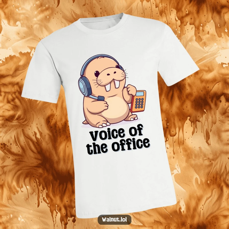 Funny t-shirt featuring a walrus wearing a headset and answering a phone, representing excellent and humorous customer support.