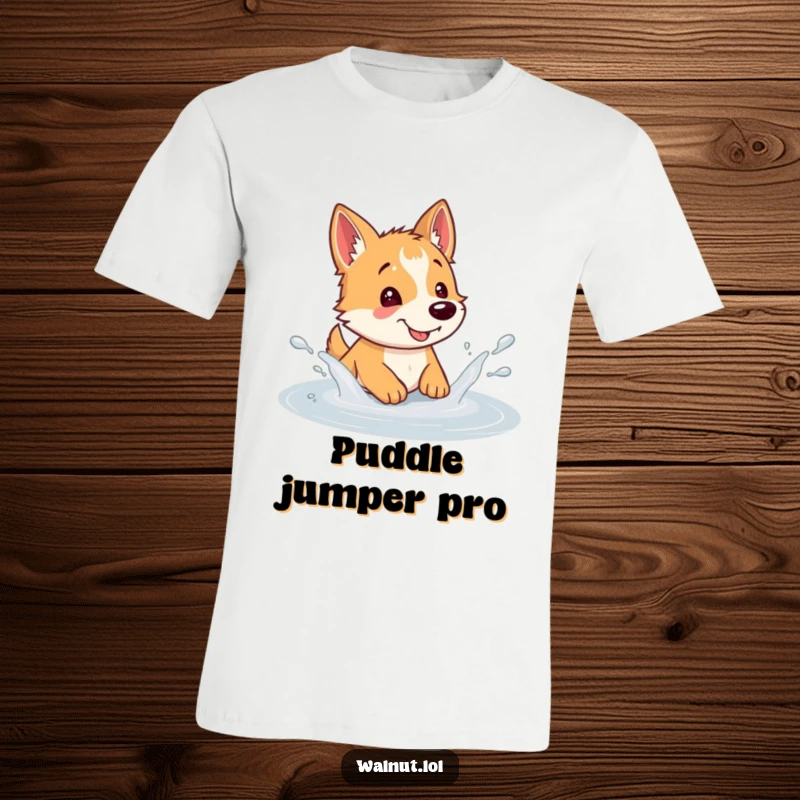 Funny dog t-shirt showing a wild dog ecstatically splashing in a puddle, radiating infectious happiness and playful energy.