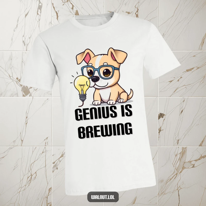 Funny T-Shirt with a dog wearing oversized spectacles, deep in thought, with a bright lightbulb above its head. Celebrates intelligence and innovation.
