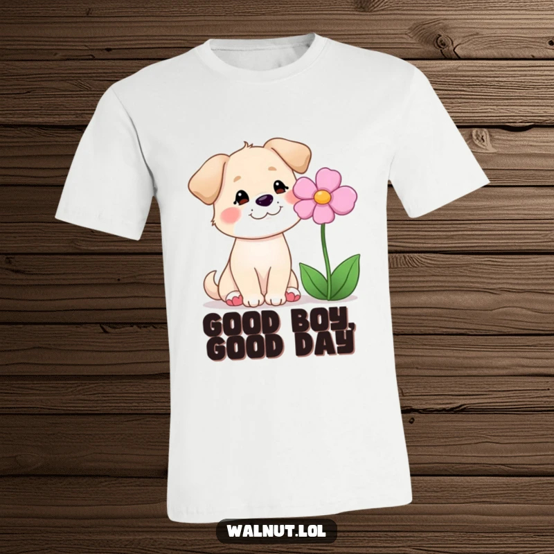 Funny t-shirt with a dog smiling serenely at a flower, symbolizing happiness, nature, and pet love.