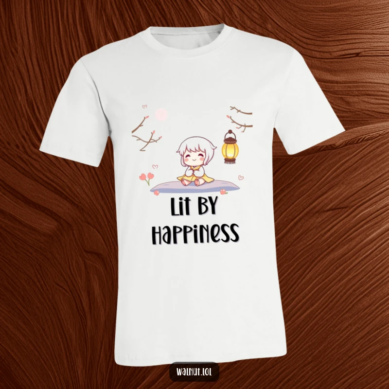 Funny t-shirt showing a happy character relaxing by a shining lantern, spreading warmth and blissful feelings with its charming design.