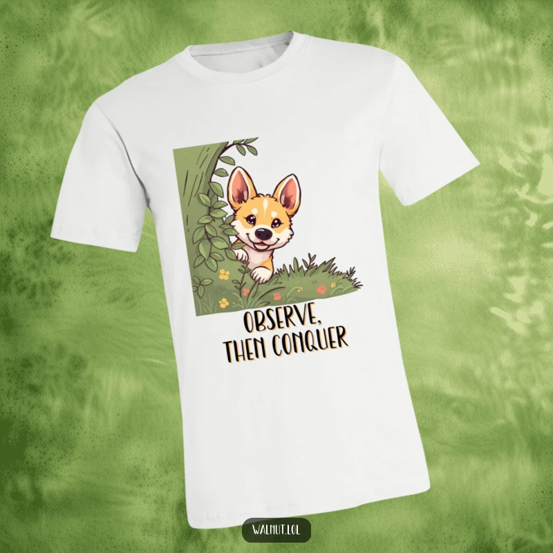Funny dog t-shirt depicting a wild dog peeking cautiously from behind dense foliage with wide, curious eyes.