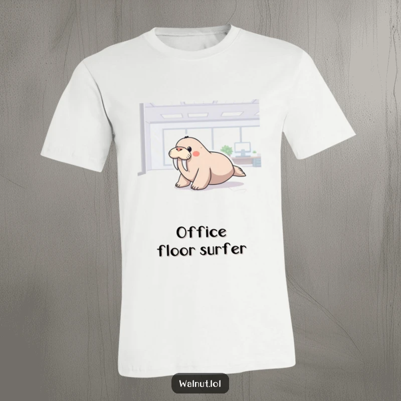 Funny t-shirt depicting a walrus gliding smoothly across a shiny office floor, highlighting office absurdity and playful moments.