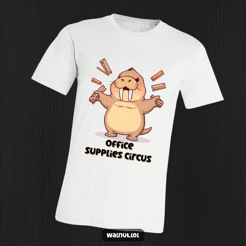 Funny t-shirt featuring a walrus playfully juggling several staplers, highlighting a chaotic yet amusing take on office tasks.