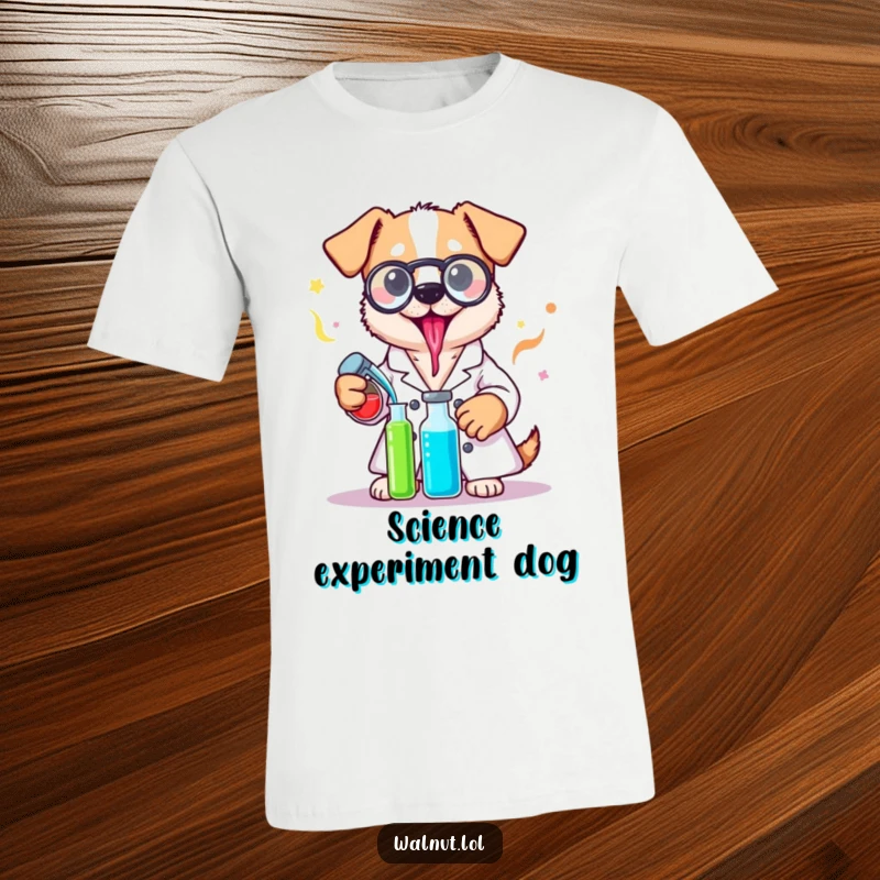 Funny lab coat dog t-shirt featuring a dog wearing a lab coat, expertly mixing colorful liquids with a curious expression.