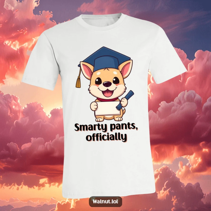 Funny T-Shirt with a dog in a graduation cap, enthusiastically holding a diploma. Captures the joy and pride of graduation.