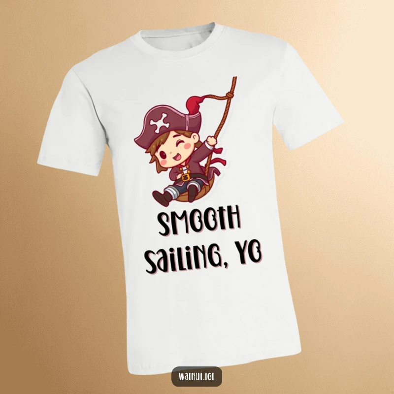 Funny Pirate Rope Slide T-Shirt: Agile pirate character gleefully sliding down a rope, conveying a sense of speed, freedom, and daring adventure.