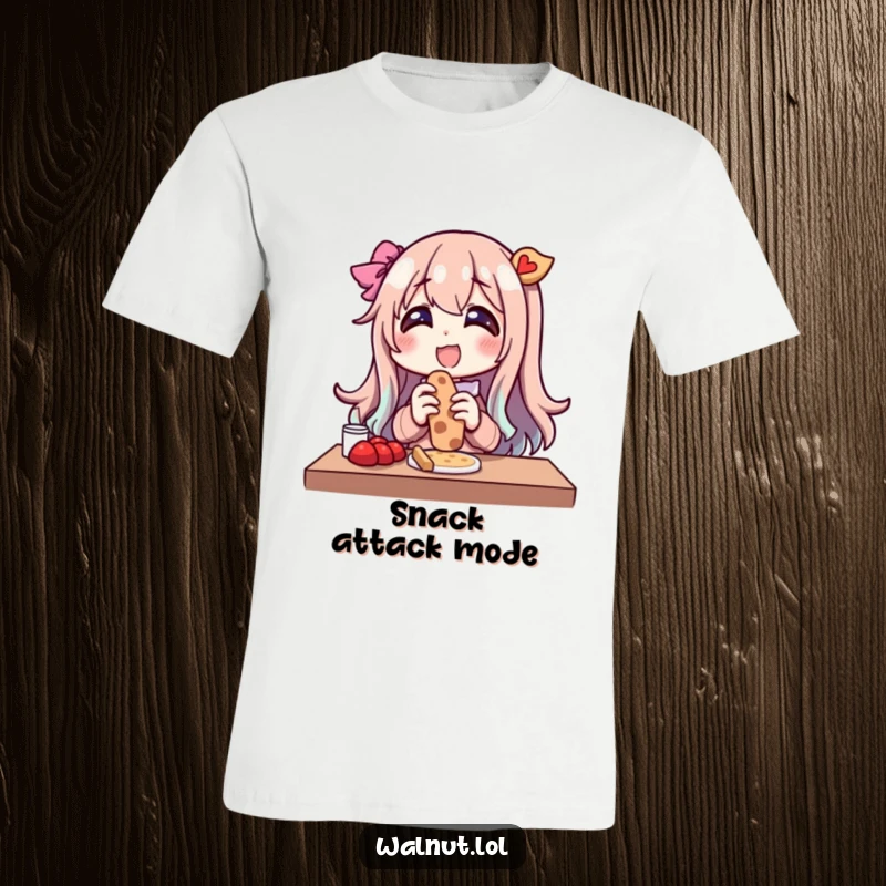 Funny t-shirt featuring a character's ecstatic expression while enjoying a snack in the great outdoors. Pure bliss captured.