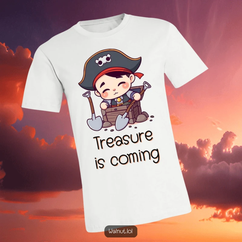 Funny Pirate Digging T-Shirt: Ambitious pirate character with two shovels, intensely digging for buried treasure, embodying the thrill of the hunt.