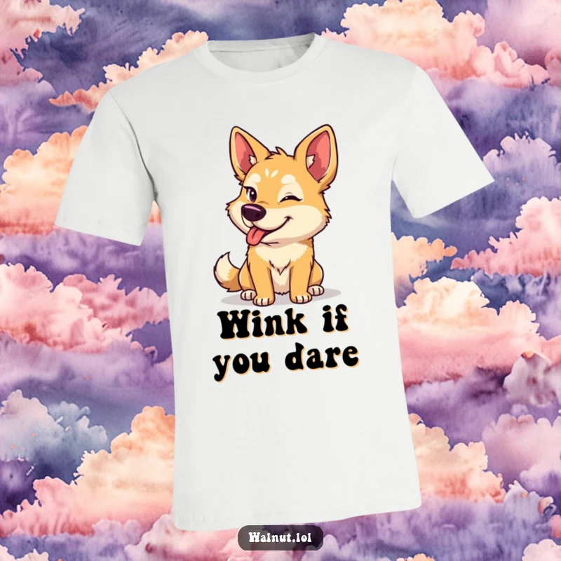 Funny dog t-shirt with a wild dog delivering a captivatingly mischievous wink, radiating charm and playful intent.