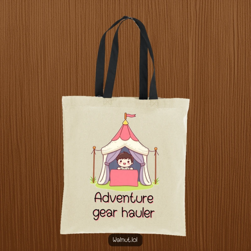 Funny Tote Bag featuring a cute character smiling while setting up a colorful tent, ideal for outdoor trips.