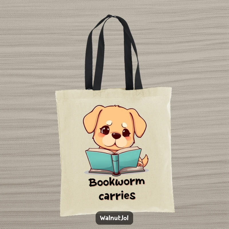 Funny dog tote bag with a dog staring intently at a book with a furrowed brow, perfect for carrying books, funny gift.