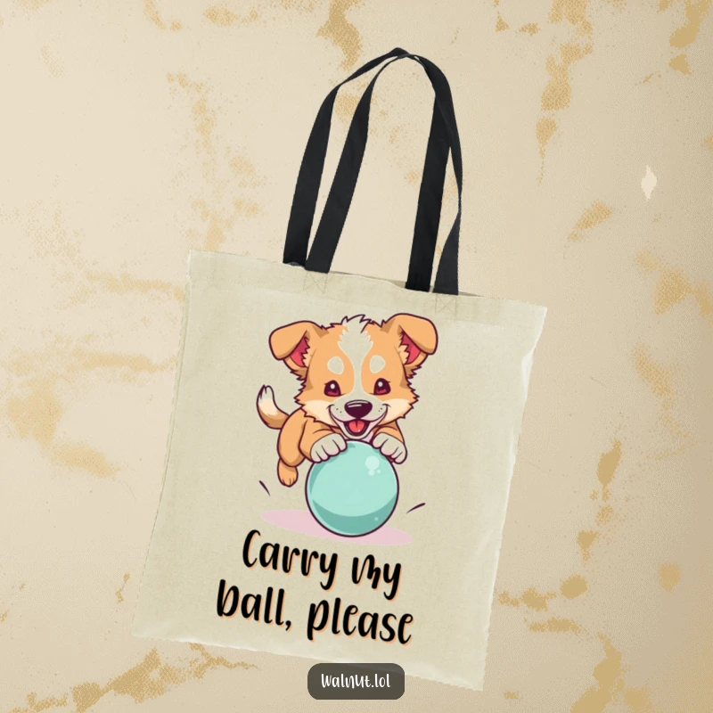 Funny dog tote bag featuring a wild dog in mid-pounce towards a bouncing ball, ready for adventure.