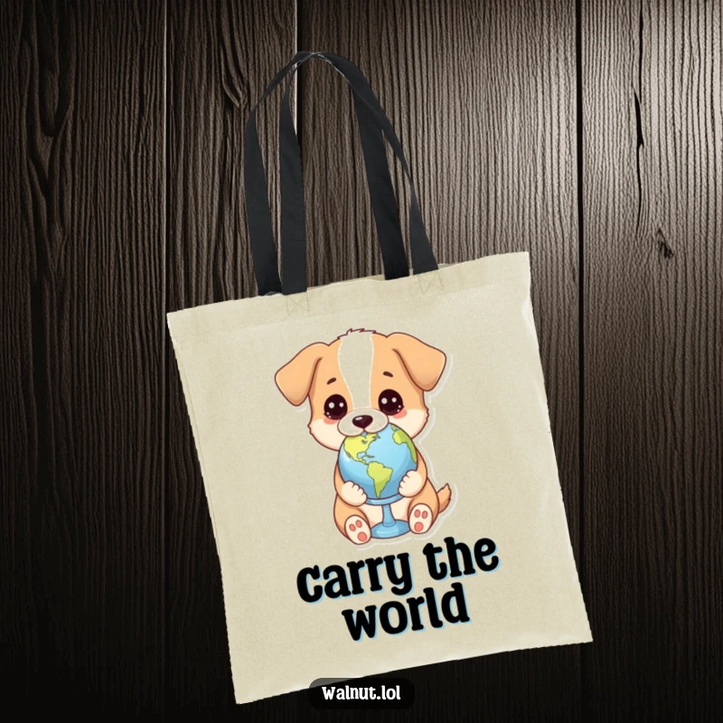 Funny tote bag with a dog holding a tiny globe with a thoughtful gaze, perfect for carrying daily items.