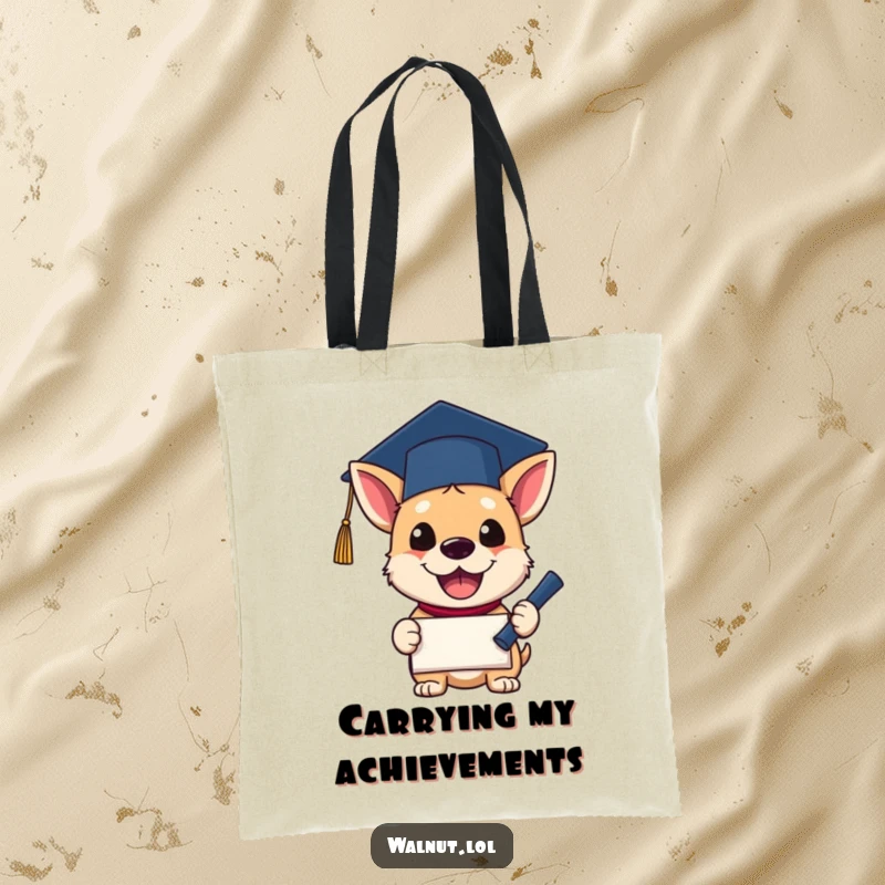 Funny Tote Bag printed with a dog wearing a graduation cap, excitedly holding a diploma. A humorous and practical accessory for graduates.