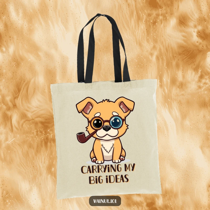 Funny tote bag featuring a dog with a pipe and monocle, appearing to be deep in thought, ideal for carrying essentials.