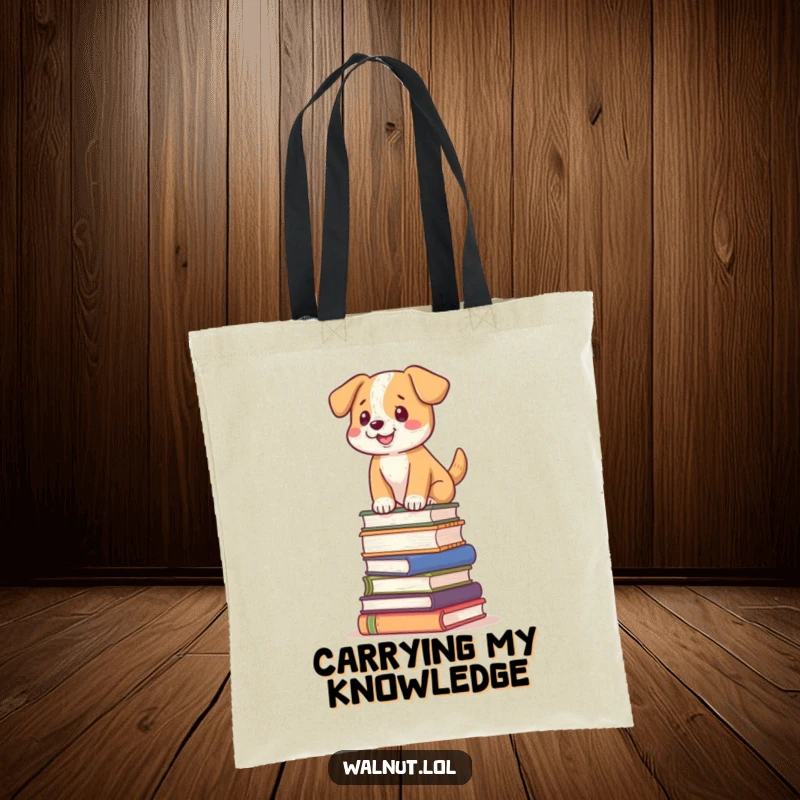 Funny dog tote bag with a dog balancing on a tilted stack of books, perfect for readers.