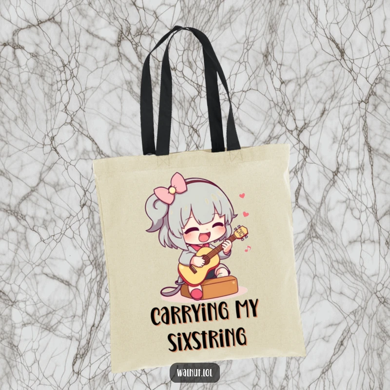 Funny tote bag showcasing a happy character playing a small guitar, ideal for carrying essentials with a musical and humorous flair.