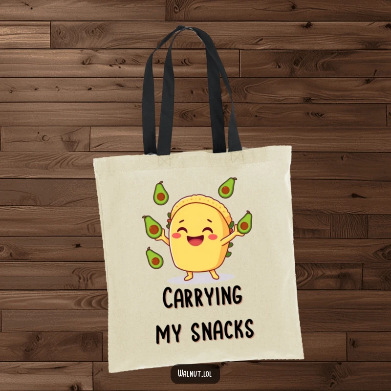 Funny Taco Tote Bag: A smiling taco character gleefully juggling tiny avocados, a funny and practical accessory for food lovers.