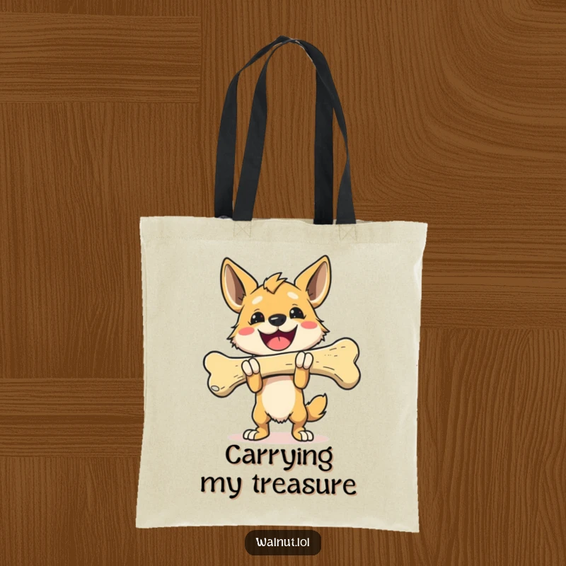 Funny Tote Bag with a triumphant dog carrying a giant bone, great for carrying daily items with a winning attitude.