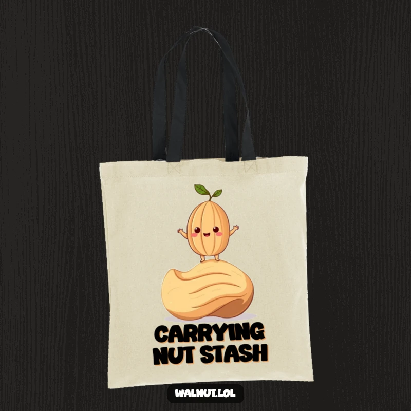 Funny Tote Bag with a smiling walnut character balancing precariously on a giant cashew, ideal for humorous carrying.