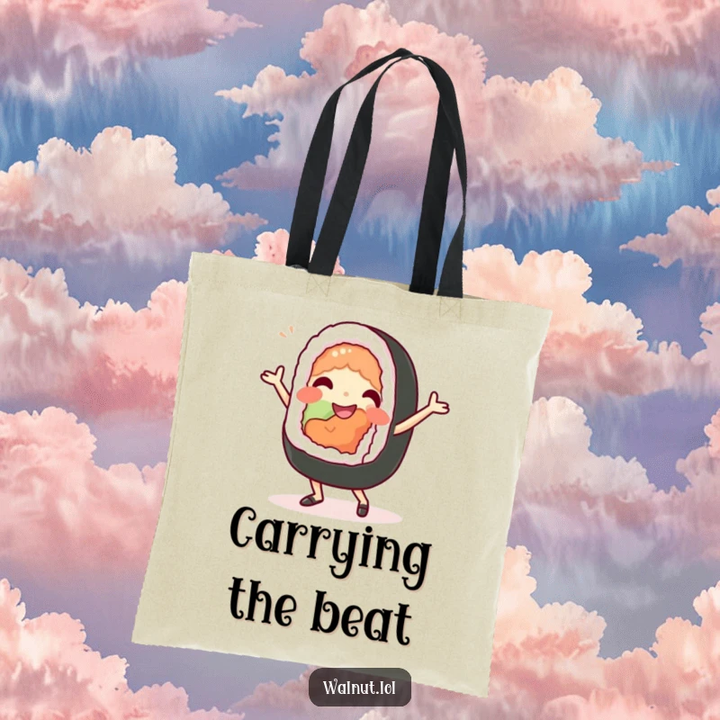 Funny Tote Bag: A beaming sushi roll character dances joyfully, perfect for carrying groceries or daily items with humorous flair.