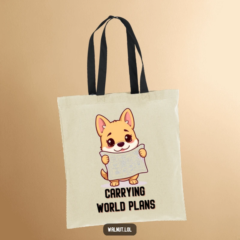 Funny blueprint dog tote bag featuring a dog holding a complex plan, ideal for carrying work or everyday items.