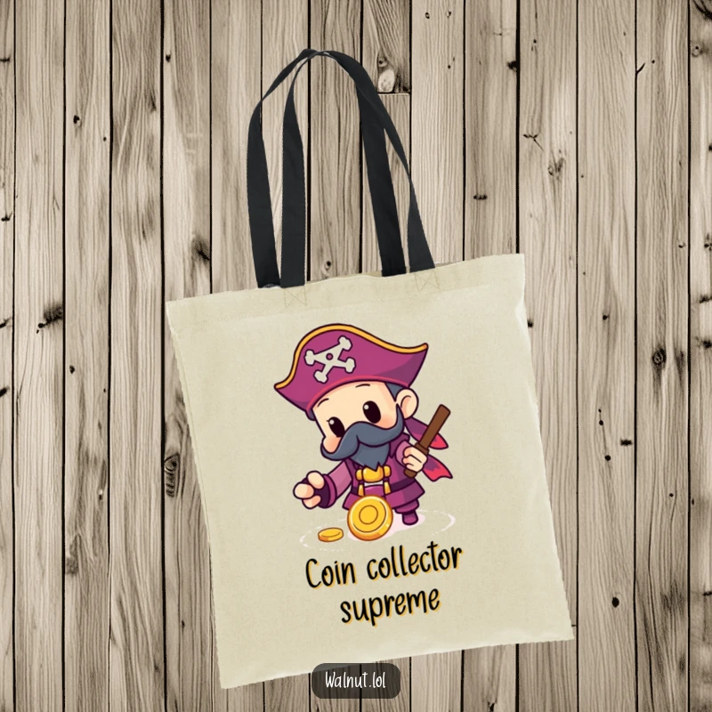 Funny Pirate Tote Bag with a character finding a shiny gold coin, perfect for carrying essentials with a flair for treasure.