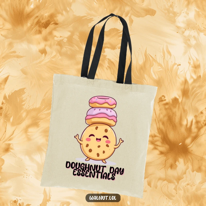 Funny giggling cookie character, balancing donuts on head, sweet treat humor, reusable funny bag, happy food tote.